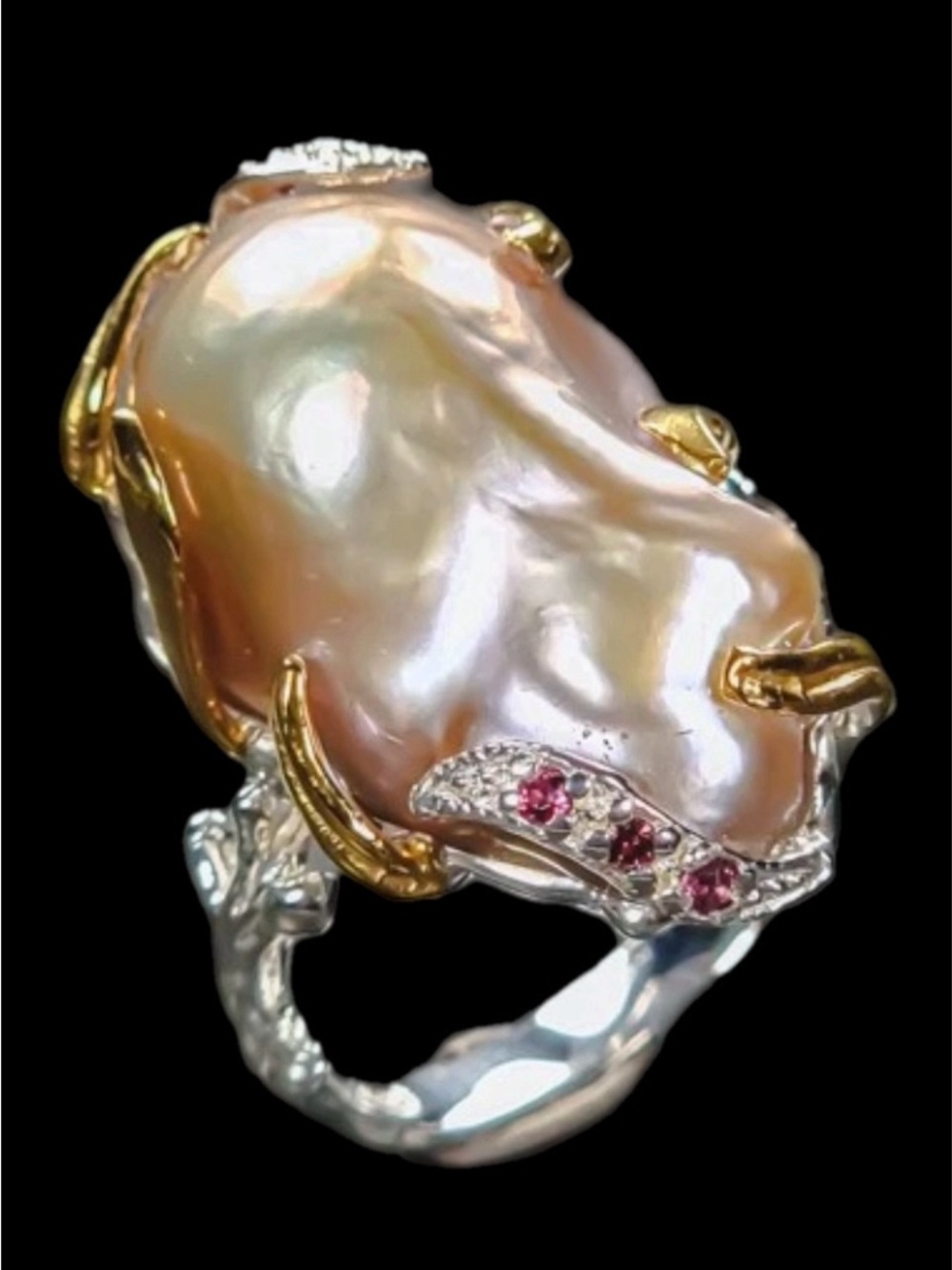 Genuine Pink Baroque Pearl Ring Accented With Rhodolite Garnets